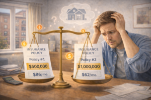 A landlord weighing different insurance policy documents on a table, symbolizing the decision-making process for coverage limits.