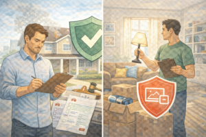 Split-scene showing a landlord reviewing property protection while a tenant inspects the apartment, symbolizing differences in coverage.