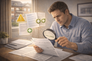 A landlord reviewing insurance fine print with magnifying glass, highlighting hidden exclusions and optional coverage riders.