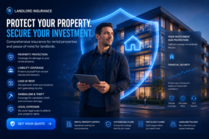 Modern landlord insurance illustration showing rental property protection, liability coverage, and landlord financial security