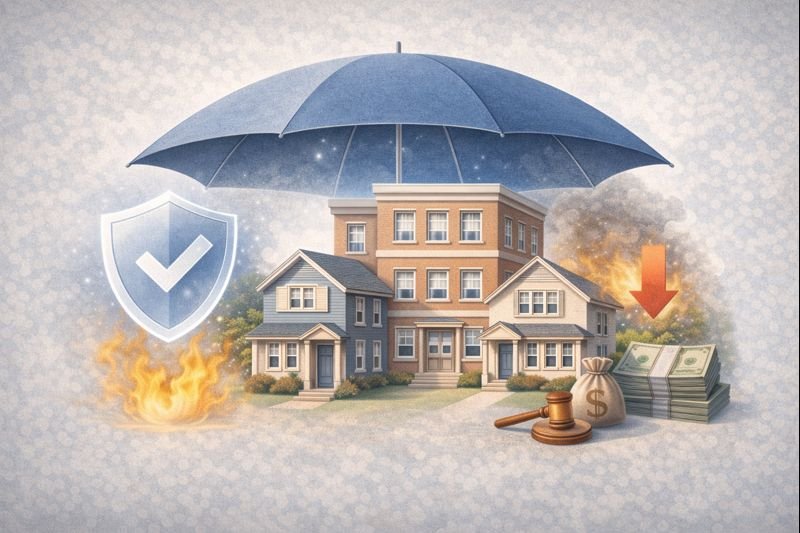 Illustration of rental properties protected by insurance coverage, showing buildings shielded from risks such as damage, liability, and financial loss.