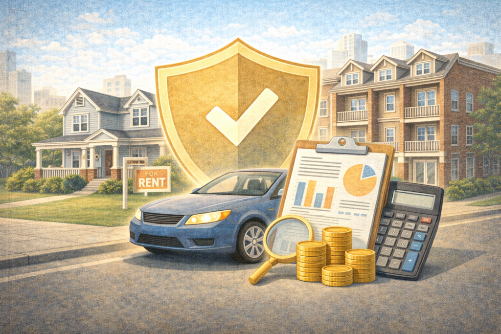 Illustration showing the cost factors of landlord insurance in the United States, including money, calculation tools, and protected rental properties.