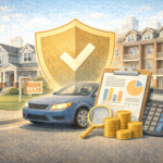 Illustration showing the cost factors of landlord insurance in the United States, including money, calculation tools, and protected rental properties.