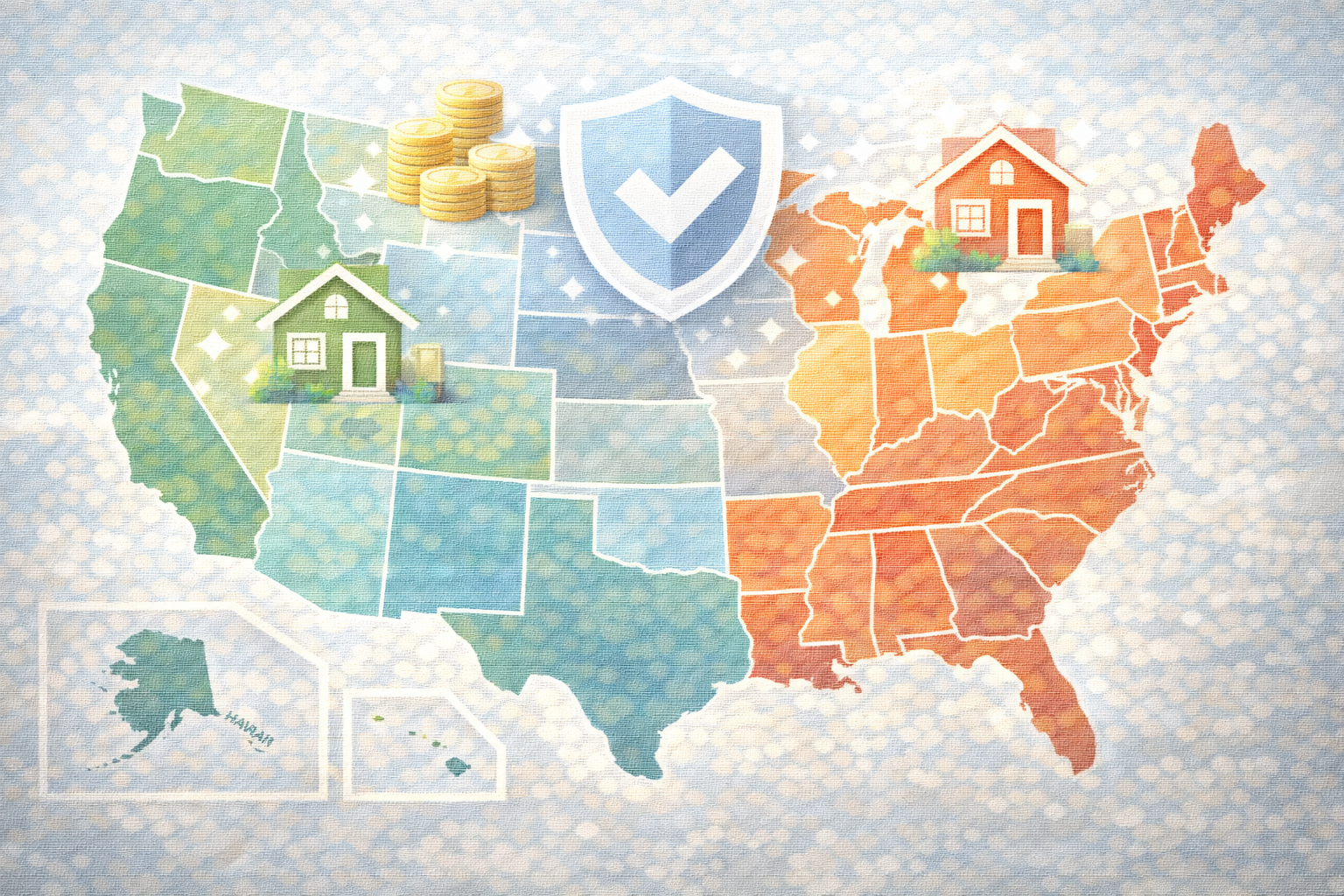 Illustration of a U.S. map highlighting regional differences in landlord insurance costs across various states.