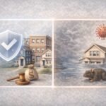 Illustration showing included and excluded risks under landlord insurance, using visual boundaries and protection symbols.