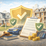 Illustration representing insurance compliance for rental property owners, including legal documents and protected housing.
