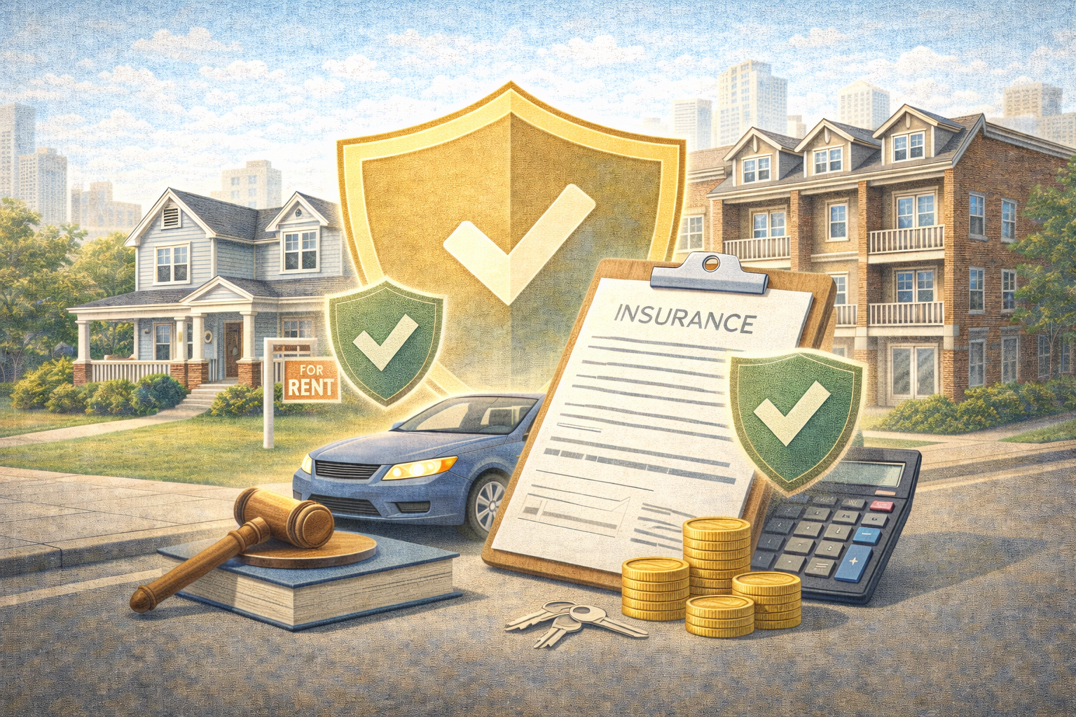 Illustration representing insurance compliance for rental property owners, including legal documents and protected housing.