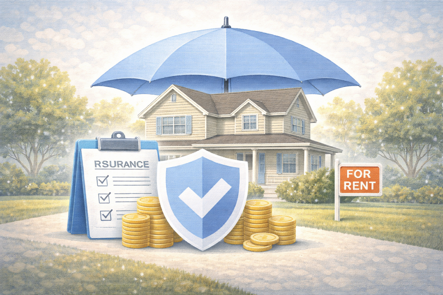 Illustration of a single-family rental home protected by insurance, emphasizing stability and long-term coverage.
