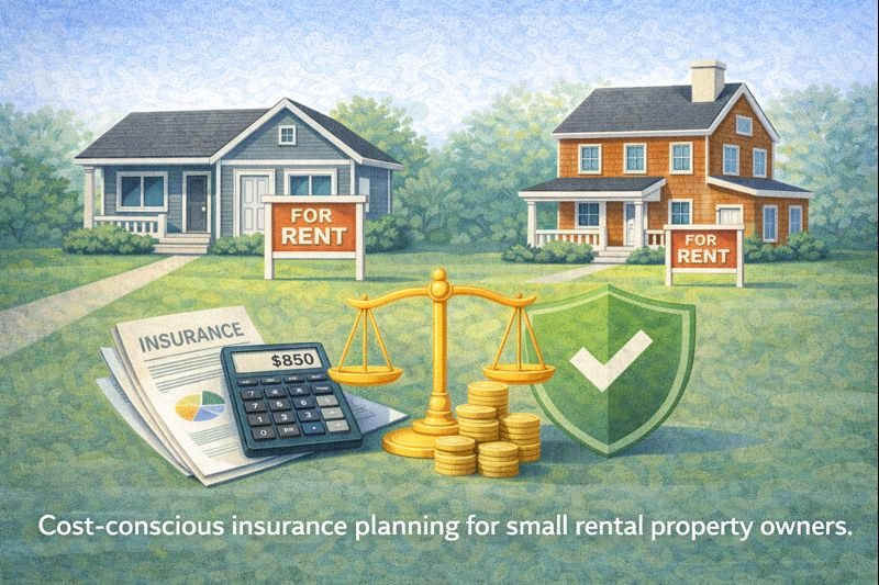 This image represents the balance small rental property owners must strike between insurance affordability and adequate protection. It features modest residential properties alongside financial planning symbols, illustrating responsible cost management and risk protection for small-scale landlords in the U.S.