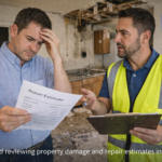 A worried landlord discussing repairs with a contractor inside a damaged apartment unit, illustrating insurance claim challenges.