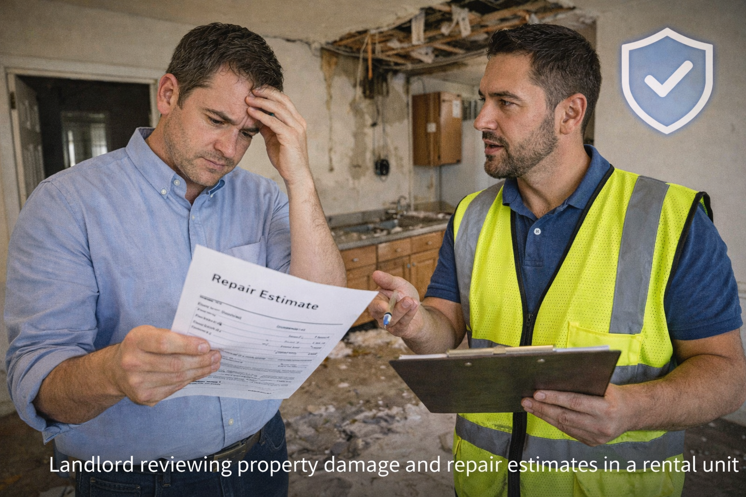 A worried landlord discussing repairs with a contractor inside a damaged apartment unit, illustrating insurance claim challenges.