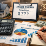 A landlord calculating insurance expenses with a calculator and financial charts, symbolizing yearly costs of managing rental properties.
