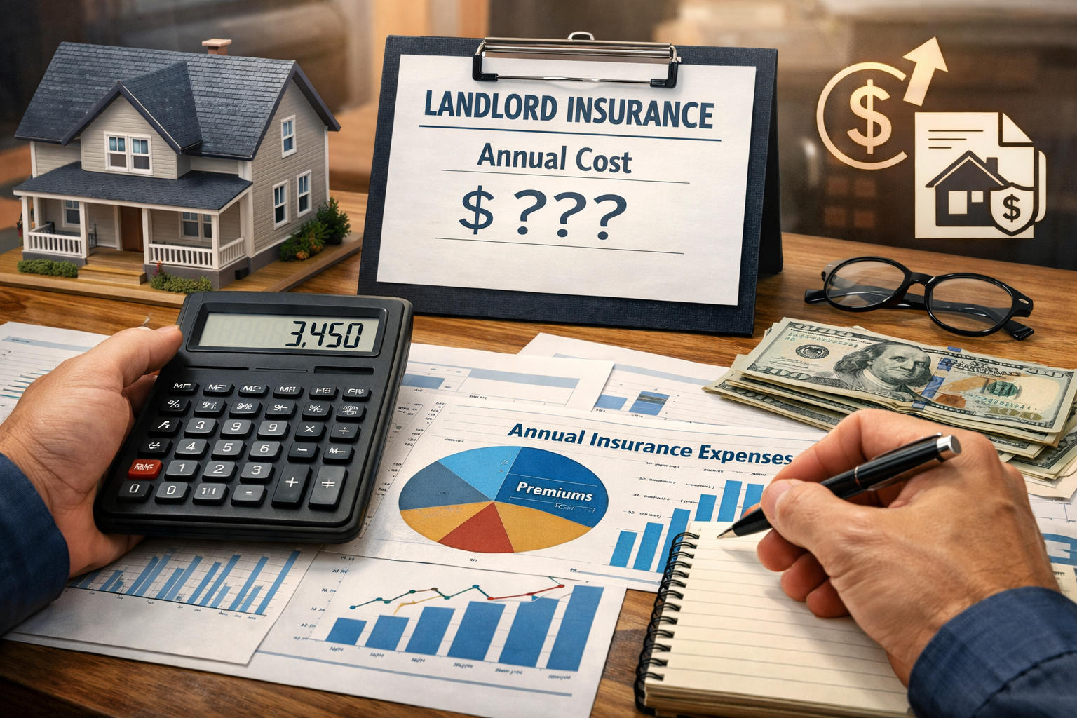 A landlord calculating insurance expenses with a calculator and financial charts, symbolizing yearly costs of managing rental properties.