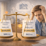 A landlord weighing different insurance policy documents on a table, symbolizing the decision-making process for coverage limits.