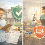 Split-scene showing a landlord reviewing property protection while a tenant inspects the apartment, symbolizing differences in coverage.