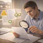 A landlord reviewing insurance fine print with magnifying glass, highlighting hidden exclusions and optional coverage riders.