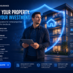 Modern landlord insurance illustration showing rental property protection, liability coverage, and landlord financial security