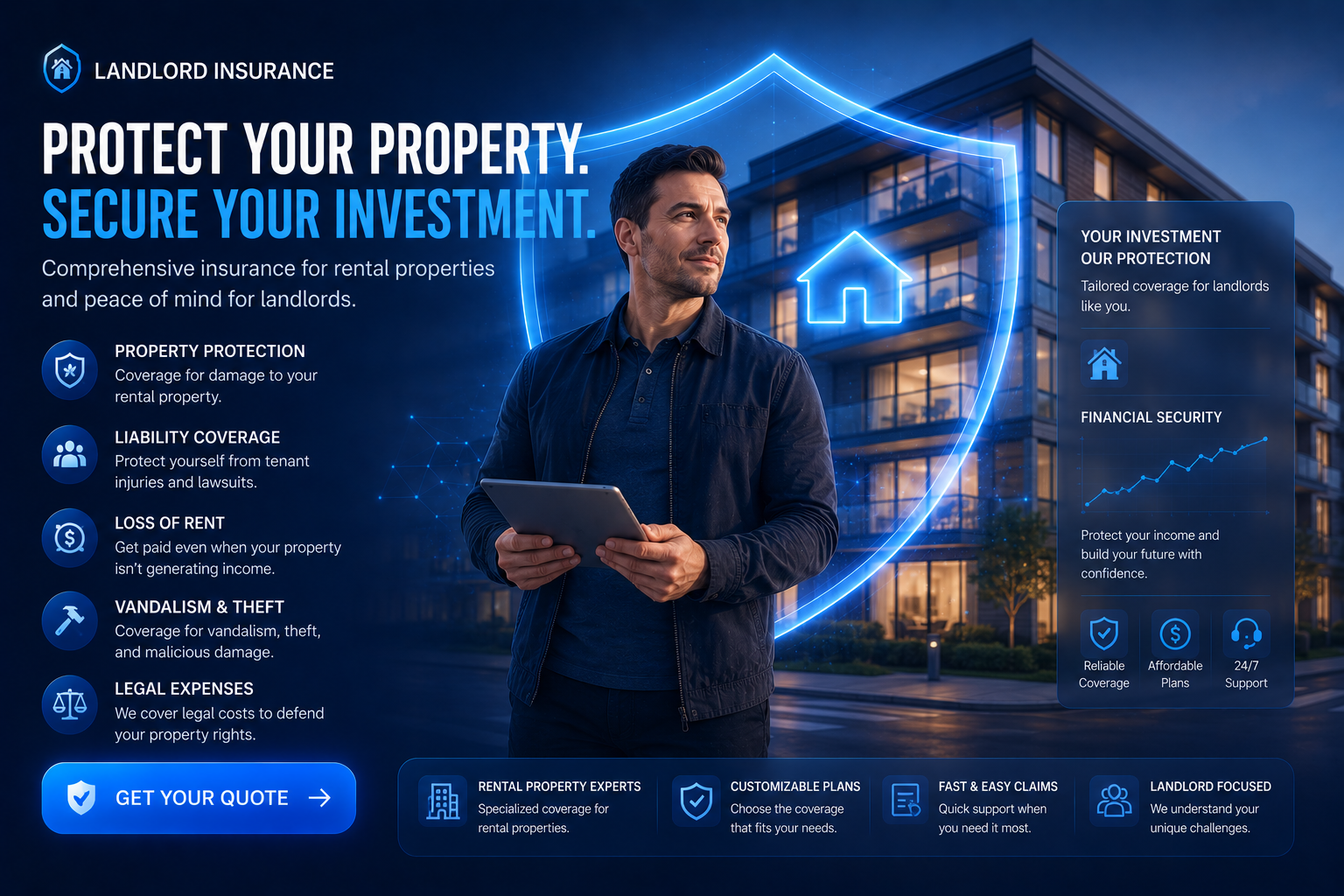 Modern landlord insurance illustration showing rental property protection, liability coverage, and landlord financial security