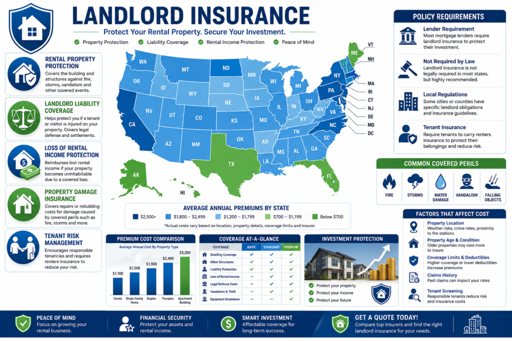 Comprehensive landlord insurance infographic showing U.S. rental property coverage, landlord liability protection, rental income loss coverage, property damage insurance, insurance costs by state, and policy requirements for rental property owners in the United States.